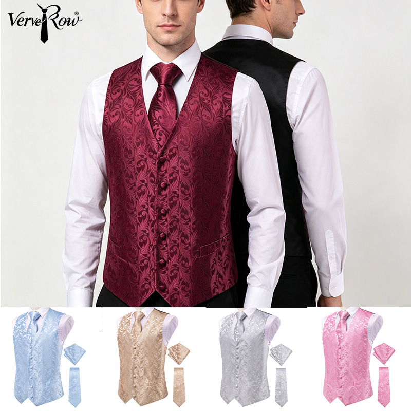 Formal Vest Waistcoat - Veste de costume jacquard florale bordeaux