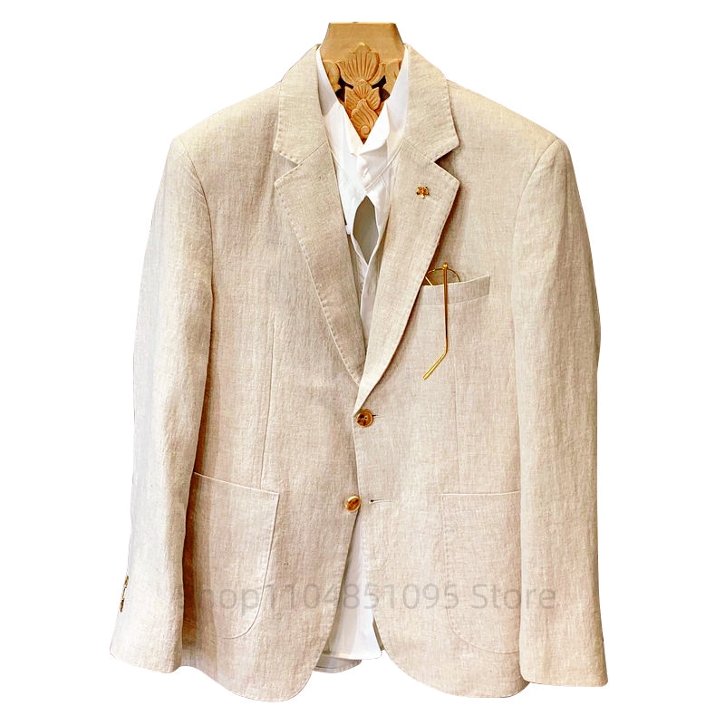 Men Formal Wear With Coat - Blazers en lin beige pour hommes,